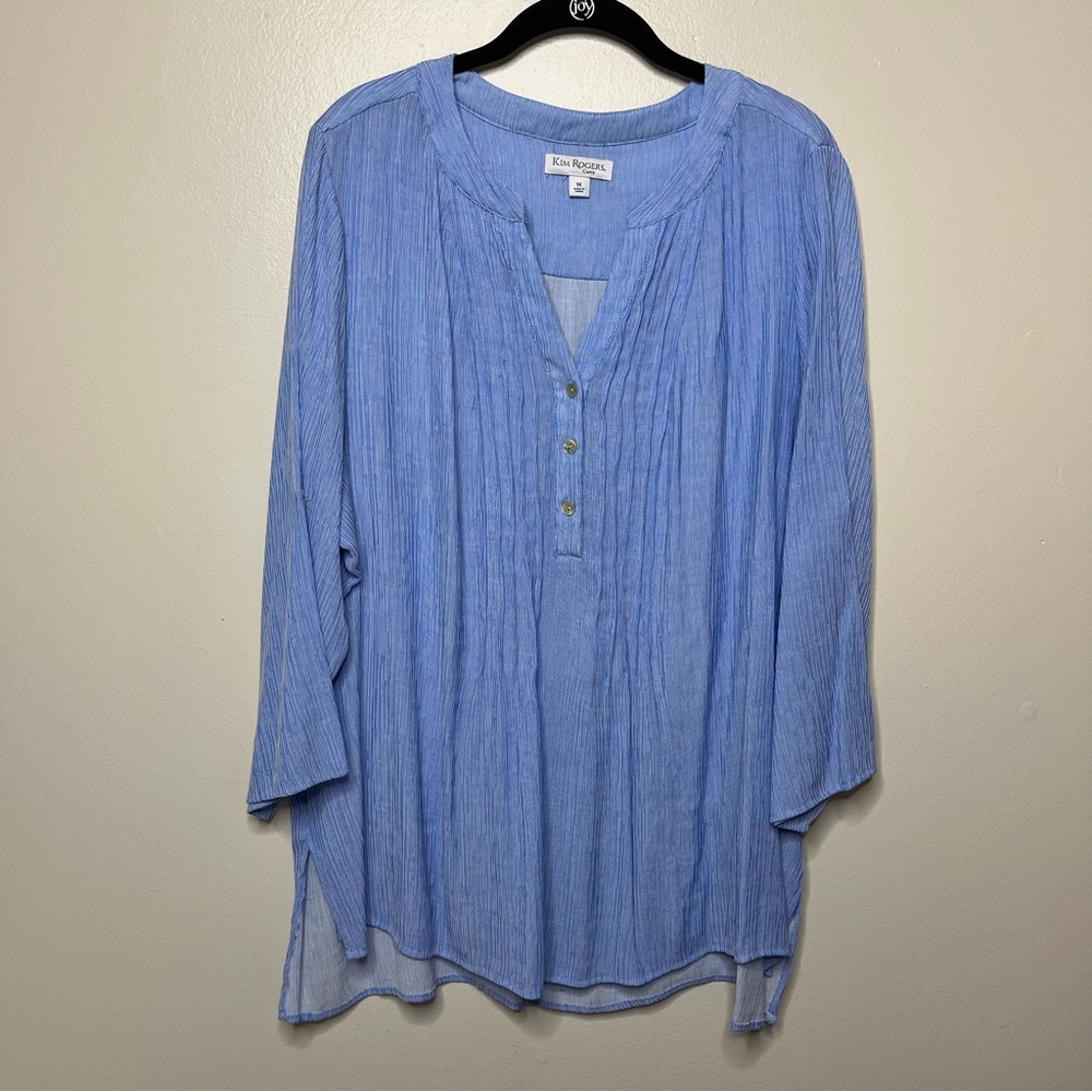Kim Rogers Blue Popover Pintuck Blouse Women 1X